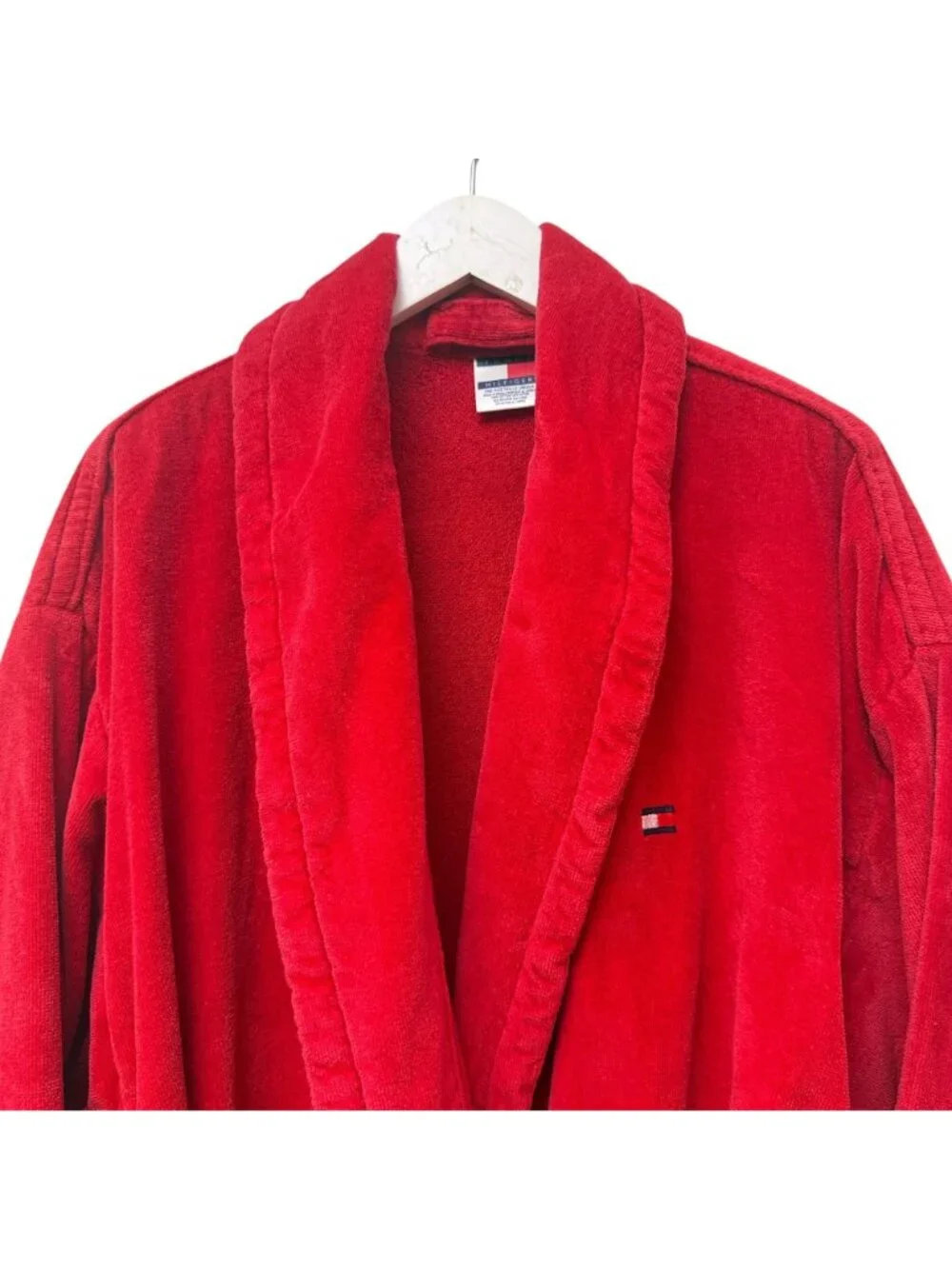 TOMMY HILFIGER Mens Bath Robe One Size Red Terry Cloth Shawl Collar Cotton